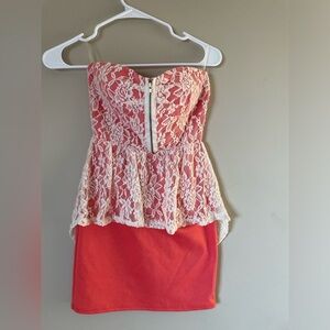 Ice Coral and White Lace Tube mini Dress with zipper detail New with tags Small